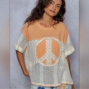 POL Orange and Cream Short Sleeve Top